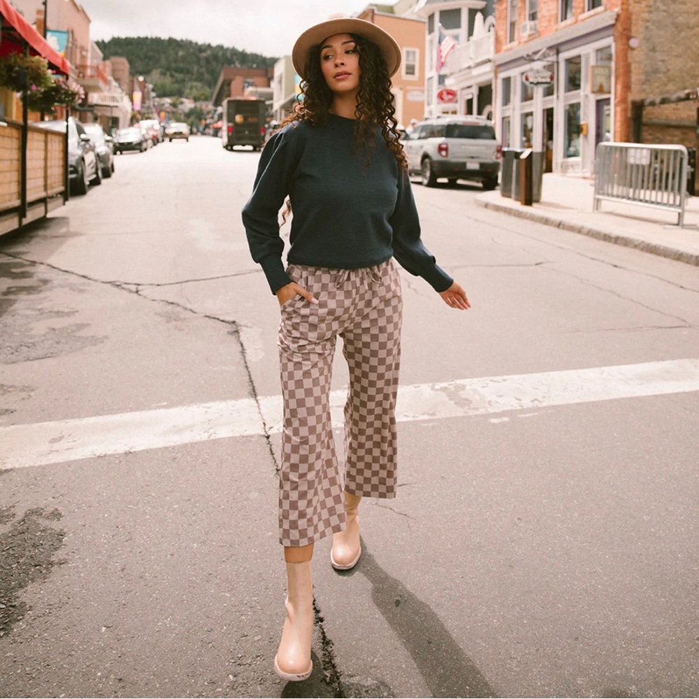 Audrey Wide Leg Crop Pants, Brown Checkers